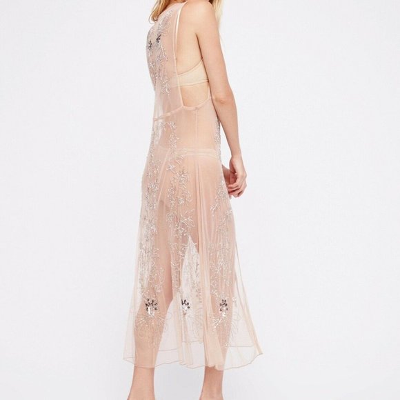 Free People Sheer Floral Embroidered Chemise - Cream NEW NWOT